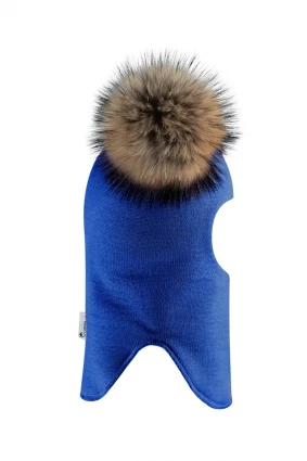 Зимова шапочка-шолом Corona.hm "Карамелька"  електрик з 2 натуральними помпонами єнот