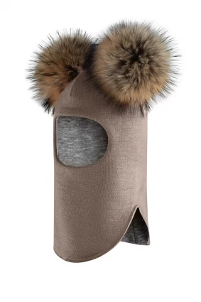 Зимова шапочка-шолом Corona.hm "Карамелька"  капучіно з 2 натуральними помпонами єнот