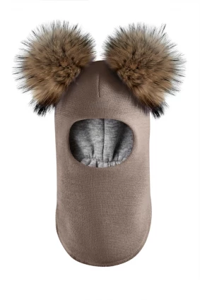 Зимова шапочка-шолом Corona.hm "Карамелька"  капучіно з 2 натуральними помпонами єнот