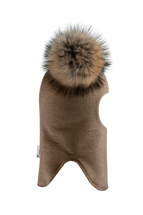 Зимова шапочка-шолом Corona.hm "Карамелька"  молочний шоколад з 2 натуральними помпонами єнот