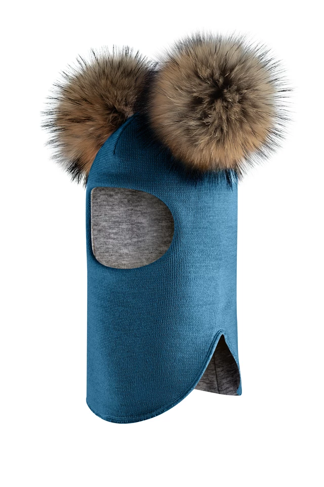 Зимова шапочка-шолом Corona.hm "Карамелька"  морська хвиля з 2 натуральними помпонами єнот