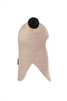 Зимова шапочка-шолом Corona.hm "Пандочка з чорними помпонами" на кнопочках беж золотий