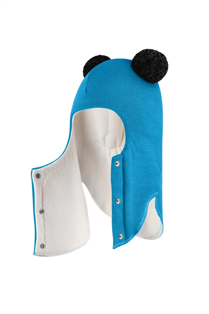 Зимова шапочка-шолом Corona.hm "Пандочка з чорними помпонами" на кнопочках бірюза