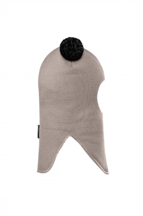 Зимова шапочка-шолом Corona.hm "Пандочка з чорними помпонами" на кнопочках капучіно