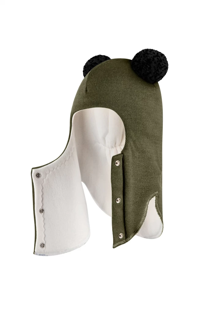 Зимова шапочка-шолом Corona.hm "Пандочка з чорними помпонами" на кнопочках хакі