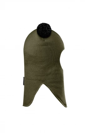 Зимова шапочка-шолом Corona.hm "Пандочка з чорними помпонами" на кнопочках хакі