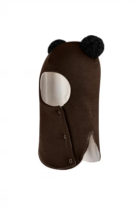 Зимняя шапочка шлем Corona.hm "Пандочка с черными помпонами" на кнопочках шоколад