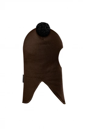 Зимняя шапочка шлем Corona.hm "Пандочка с черными помпонами" на кнопочках шоколад