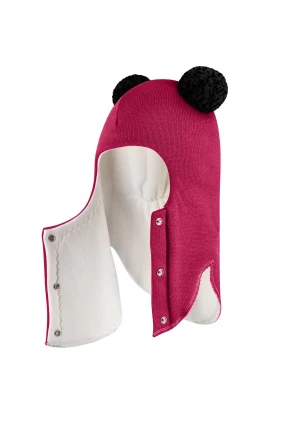 Зимняя шапочка шлем Corona.hm "Пандочка с черными помпонами" на кнопочках ягодный