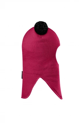 Зимова шапочка-шолом Corona.hm "Пандочка з чорними помпонами" на кнопочках ягідний