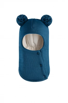Зимова шапочка-шолом Corona.hm "Пандочка з помпонами МЕЛАНЖ" на кнопочках морська хвиля
