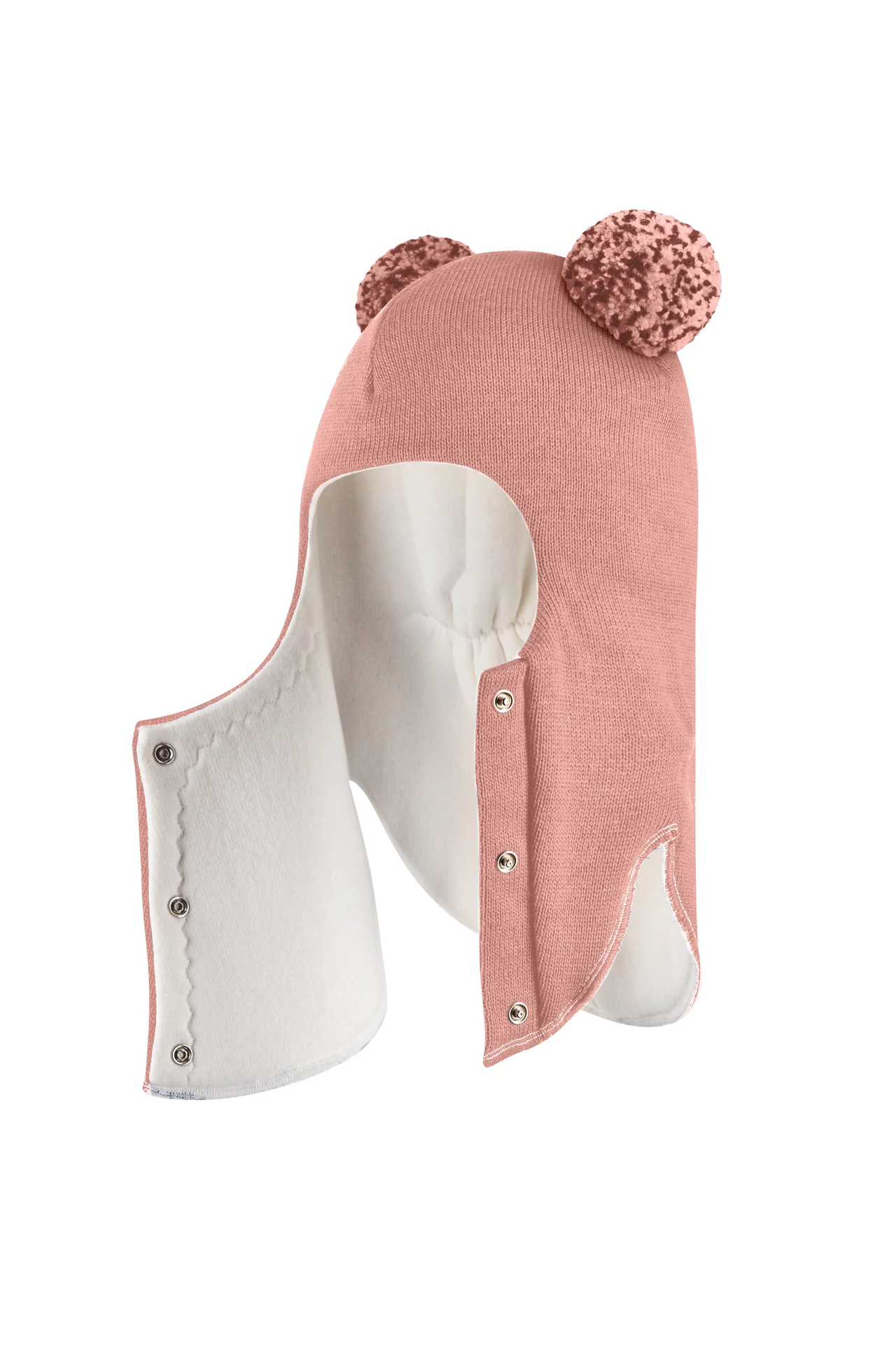 Зимова шапочка-шолом Corona.hm "Пандочка з помпонами МЕЛАНЖ" на кнопочках пудра