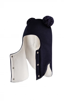 Зимова шапочка-шолом Corona.hm "Пандочка з помпонами МЕЛАНЖ" на кнопочках синій