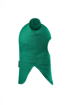 Зимова шапочка-шолом Corona.hm "Пандочка з помпонами МЕЛАНЖ" на кнопочках смарагд