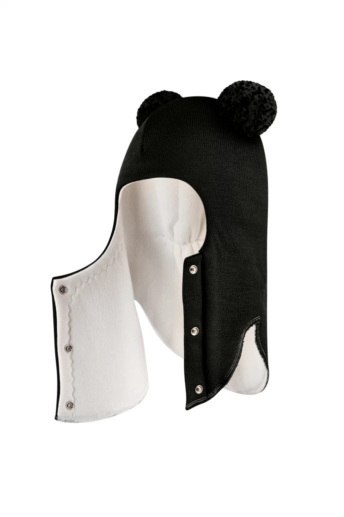 Зимова шапочка-шолом Corona.hm "Пандочка з помпонами МЕЛАНЖ" на кнопочках чорний