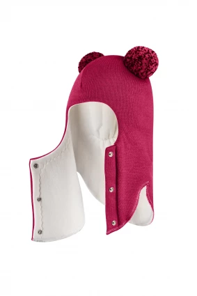 Зимняя шапочка шлем Corona.hm "Пандочка с помпонами МЕЛАНЖ" на кнопочках ягодный